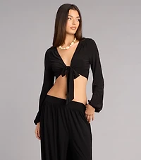 Weekend Mood Long Sleeve Tie-Front Crop Top