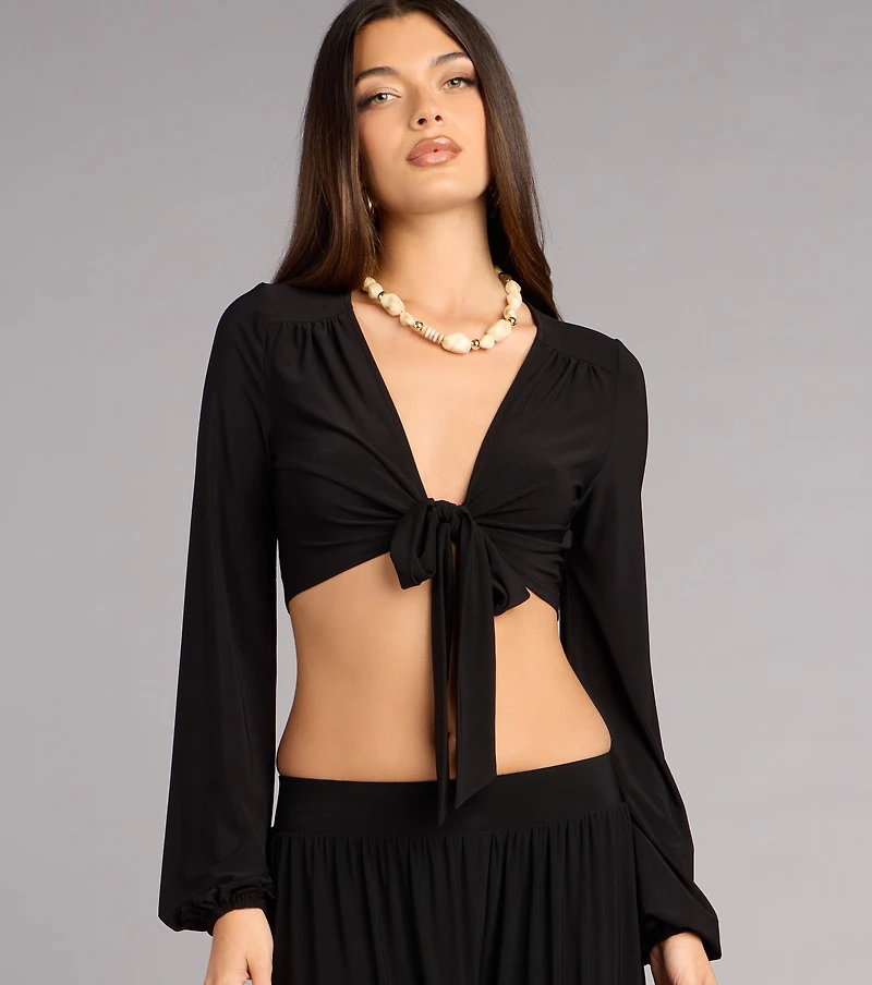 Weekend Mood Long Sleeve Tie-Front Crop Top