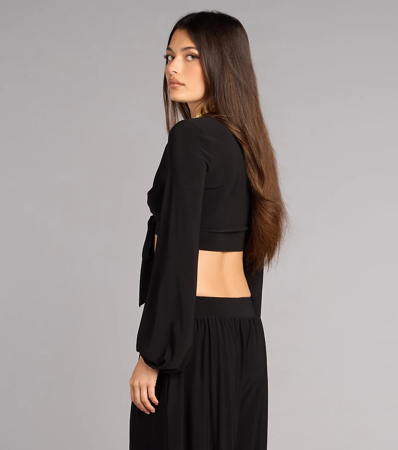 Weekend Mood Long Sleeve Tie-Front Crop Top