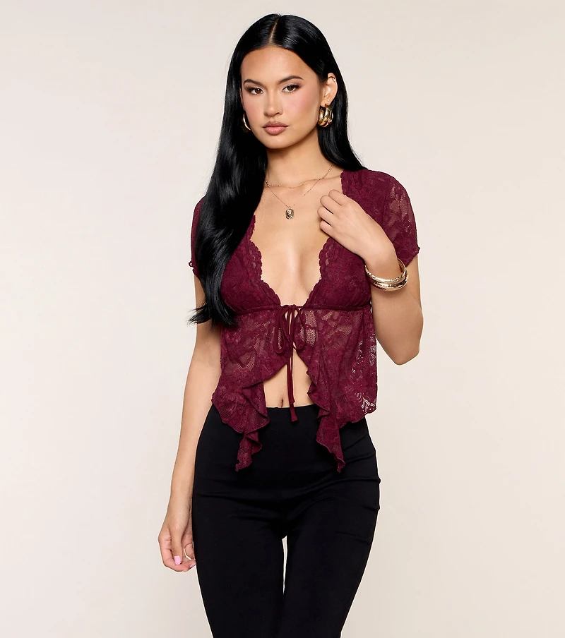 Date Confirmed Lace Ruffle Tie-Front Top