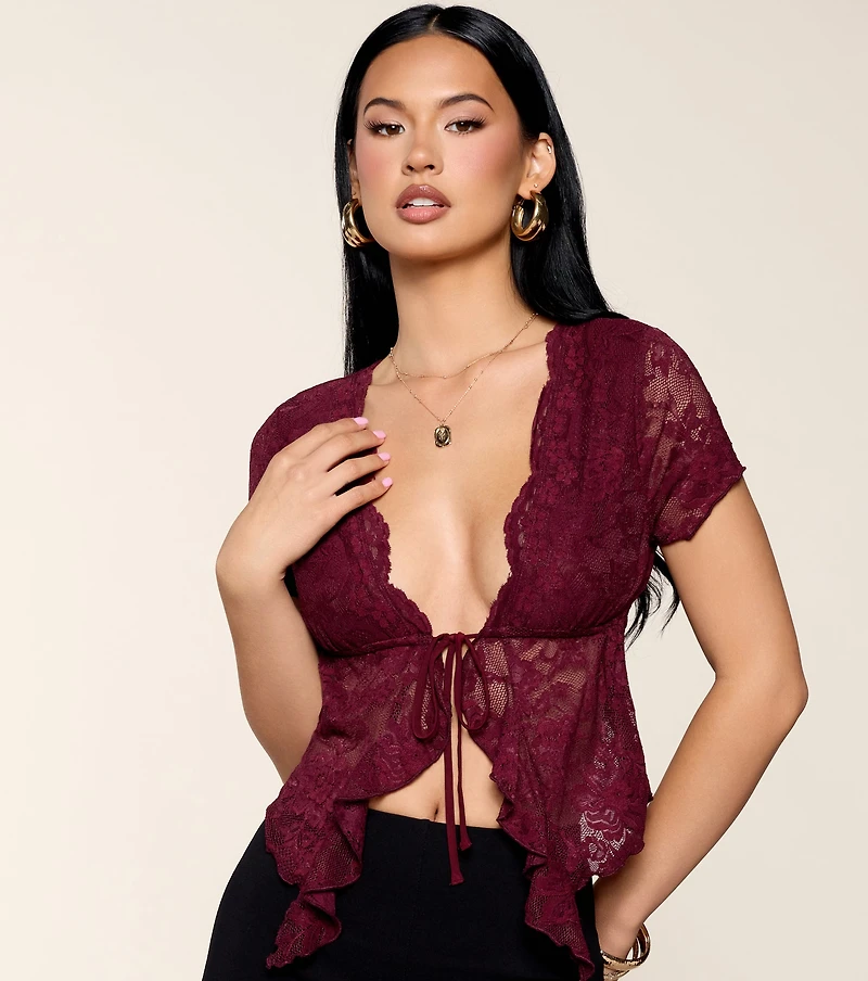Date Confirmed Lace Ruffle Tie-Front Top