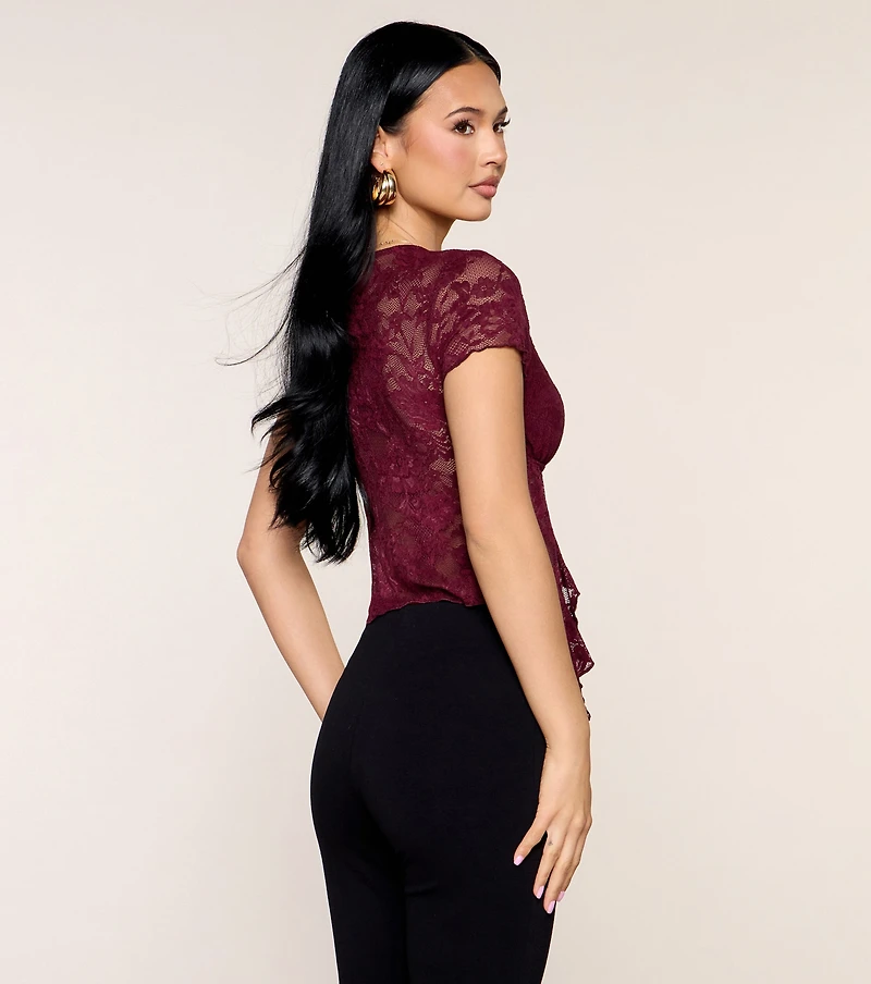 Date Confirmed Lace Ruffle Tie-Front Top