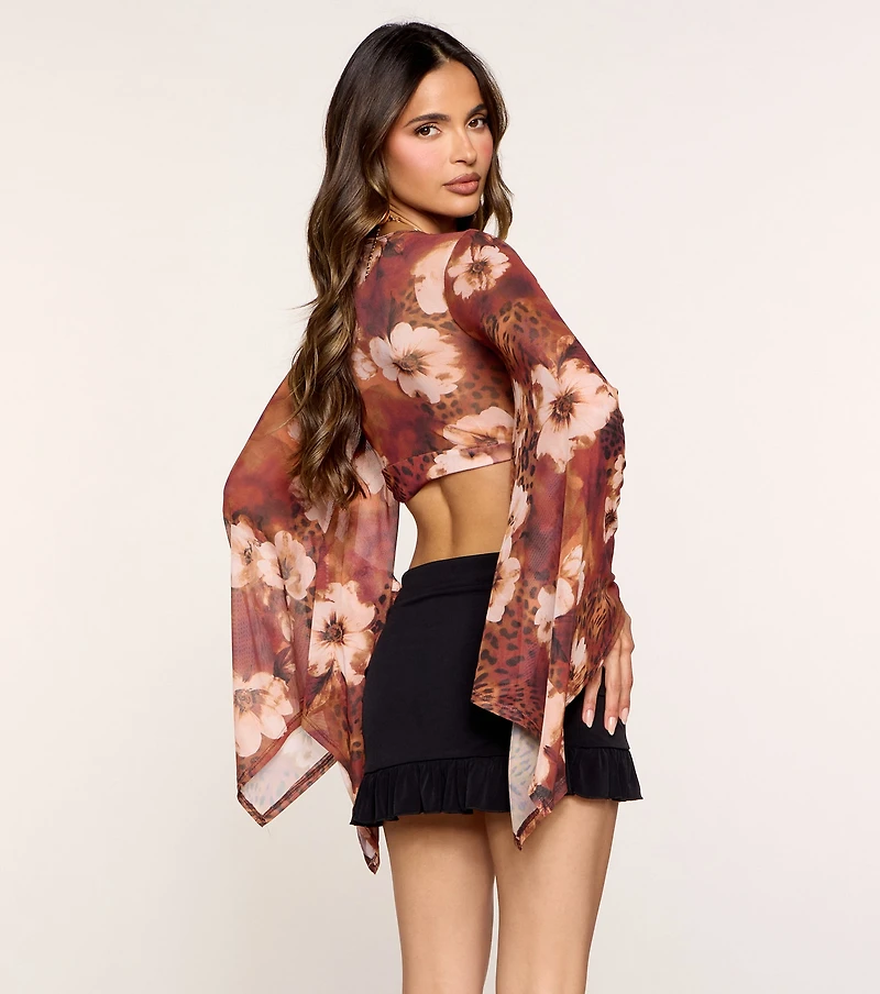 Untamed Bloom Floral Mesh Tie-Front Top