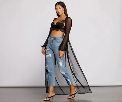 Mesh Tie Waist Long Duster