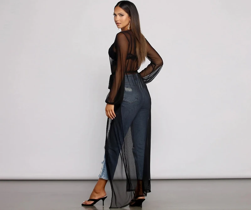 Mesh Tie Waist Long Duster