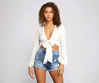 Eyelet Knit Tie Front Crop Top