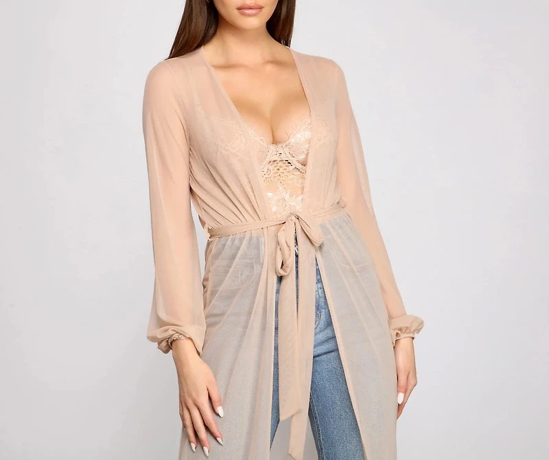 Mesh Tie Waist Long Duster