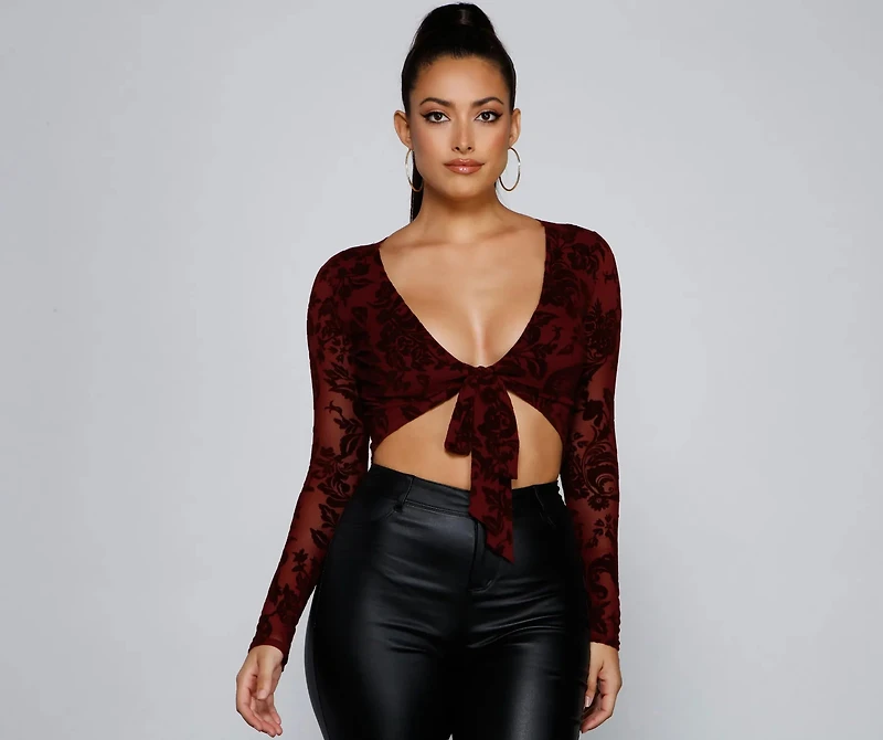 Fancy Me Velvet Burnout Tie-Front Top