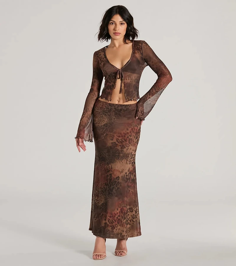 Wildly Sultry Tie-Front Leopard Rose Mesh Crop Top