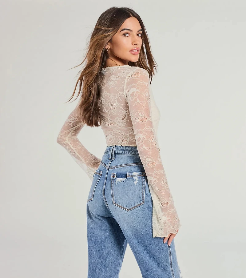 Soft And Sweet Tie-Front Split Lace Crop Top