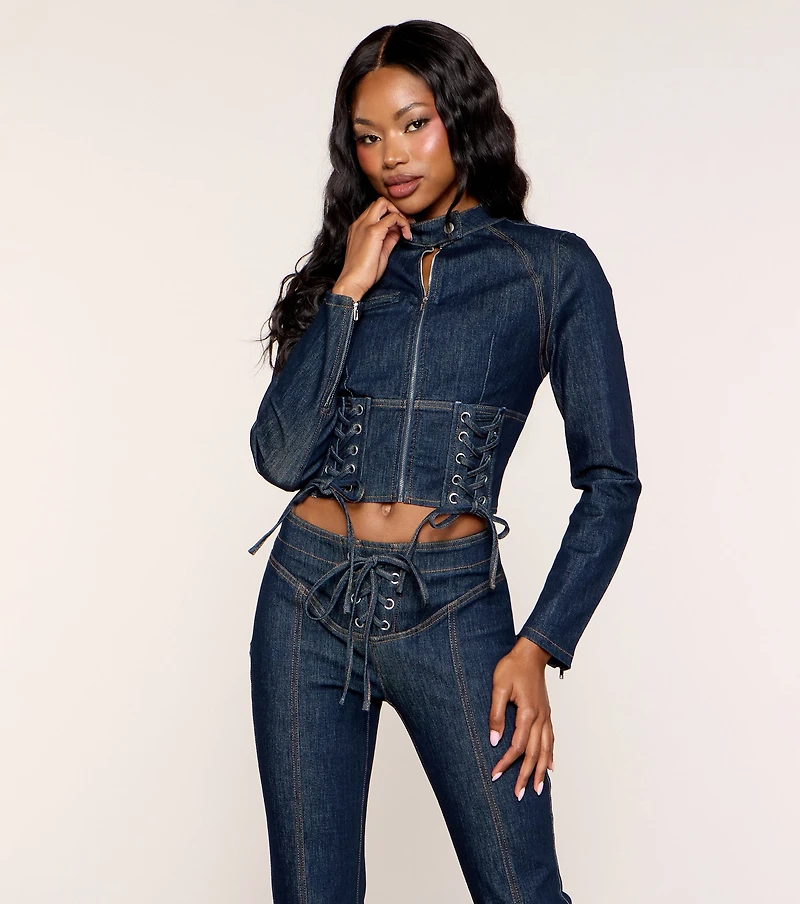 Laced Long Sleeve Lace Up Denim Jacket