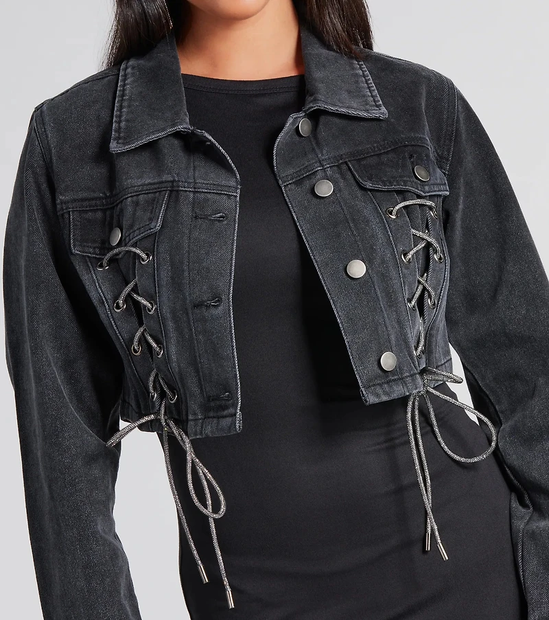 Outshine Rhinestone Lace-Up Denim Jacket