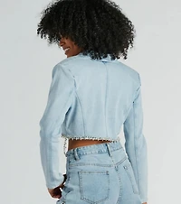 Oh So Icy Rhinestone Trim Crop Denim Blazer
