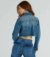 Trendy Glam Rhinestone Fringe Cropped Denim Jacket