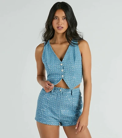Feeling Flirty Sequin Glitter Denim Vest