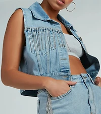 Country Glamour Rhinestone Fringe Denim Vest