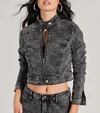 Edgy Arrival Moto Acid Wash Denim Jacket