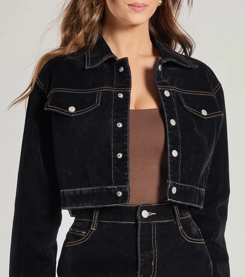 Contemporary Chic Cropped Flocked Denim Jacket