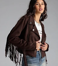 Stylish Out West Faux Suede Fringe Moto Jacket