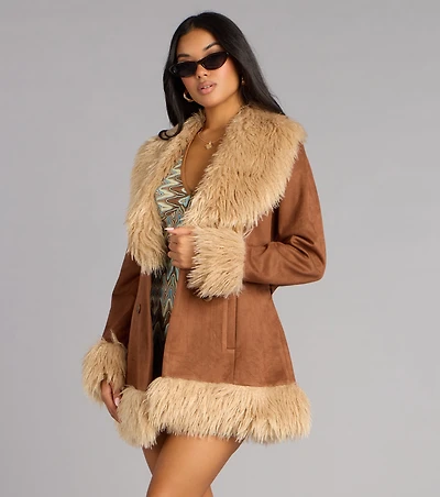 Chic Icon Faux Fur Trim Suede Coat