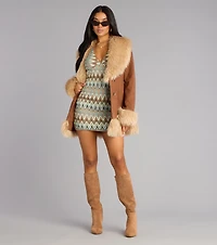 Chic Icon Faux Fur Trim Suede Coat