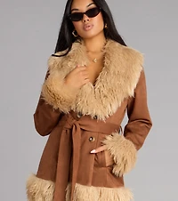 Chic Icon Faux Fur Trim Suede Coat