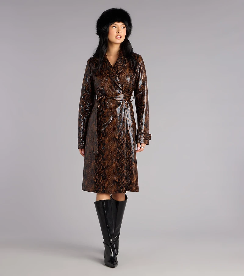 Bite Back Snake Print Faux Leather Trench Coat