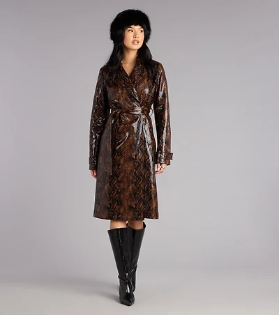 Bite Back Snake Print Faux Leather Trench Coat