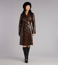Bite Back Snake Print Faux Leather Trench Coat