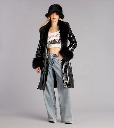 Glam Games Faux Fur Trim Trench Coat