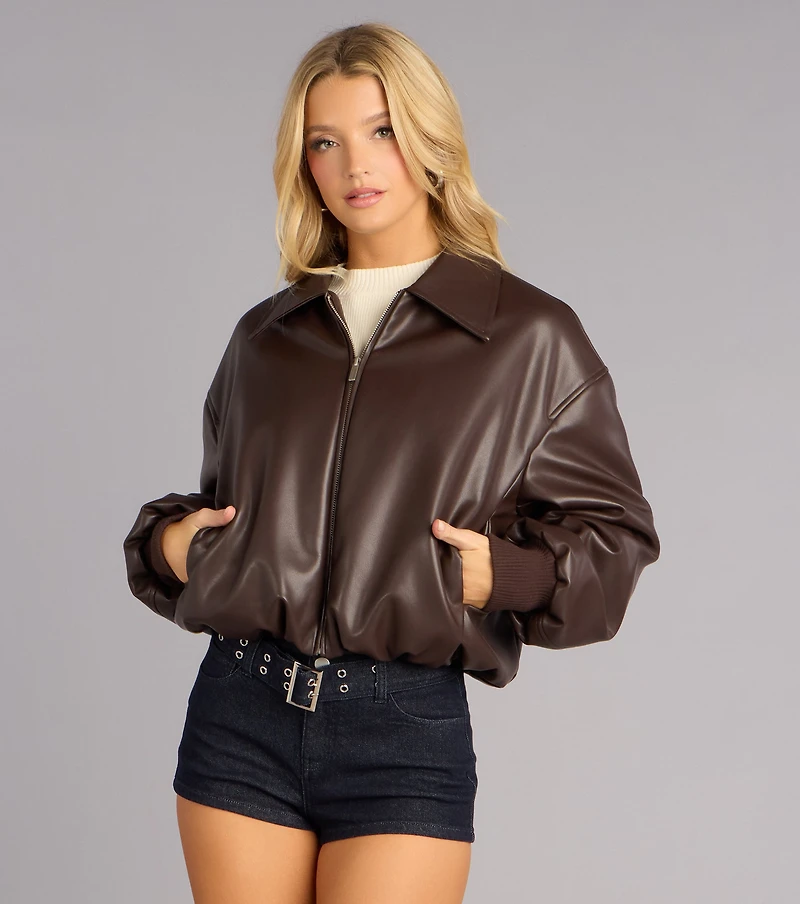 Effortless Edge Faux Leather Bomber Jacket