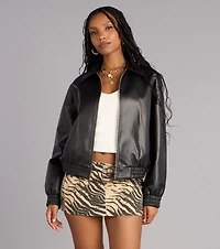 Off Duty Cool Faux Leather Zip Up Bomber