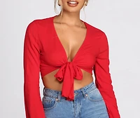 Woven Bell Sleeve Tie Front Top