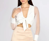 It's A Tie Front Organza Puff Sleeve Crop Top