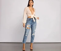 So Chic Tie Front Long Sleeve Crop Top