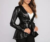 Faux Leather Belted Peplum Blazer