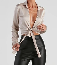 So Sleek Satin Tie-Front Blouse