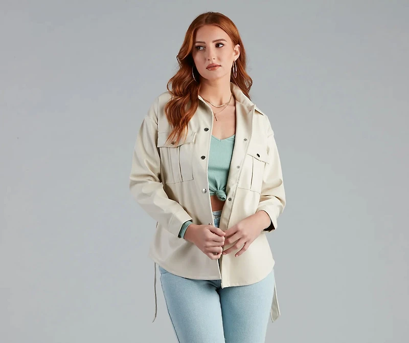 Sleek Trends Faux Leather Tie-Waist Shacket