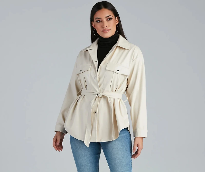 Sleek Trends Faux Leather Tie-Waist Shacket