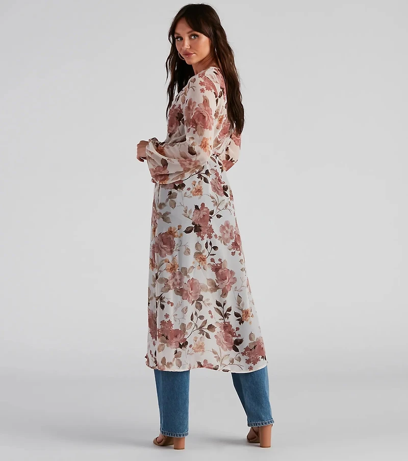 Flower Field Belted Chiffon Duster