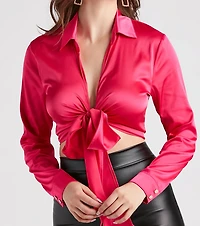 So Sleek Satin Tie-Front Blouse