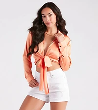 So Sleek Satin Tie-Front Blouse