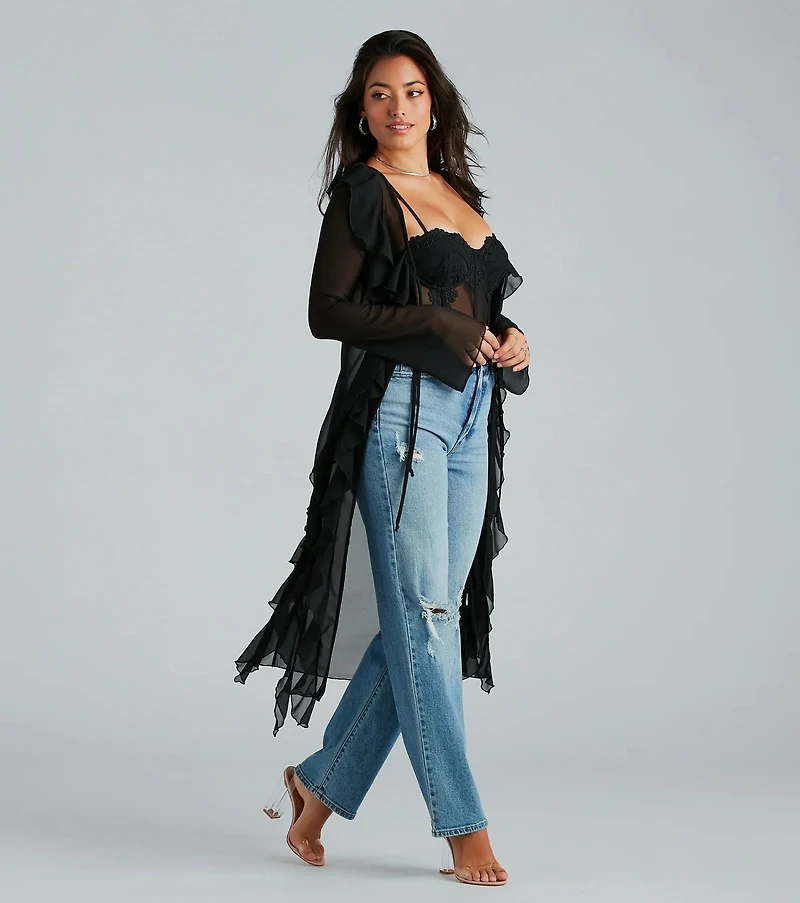 Mix And Mesh Chiffon Ruffle Long Duster