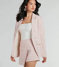 Preppy Beauty Tweed Faux Pearl Button Plaid Blazer