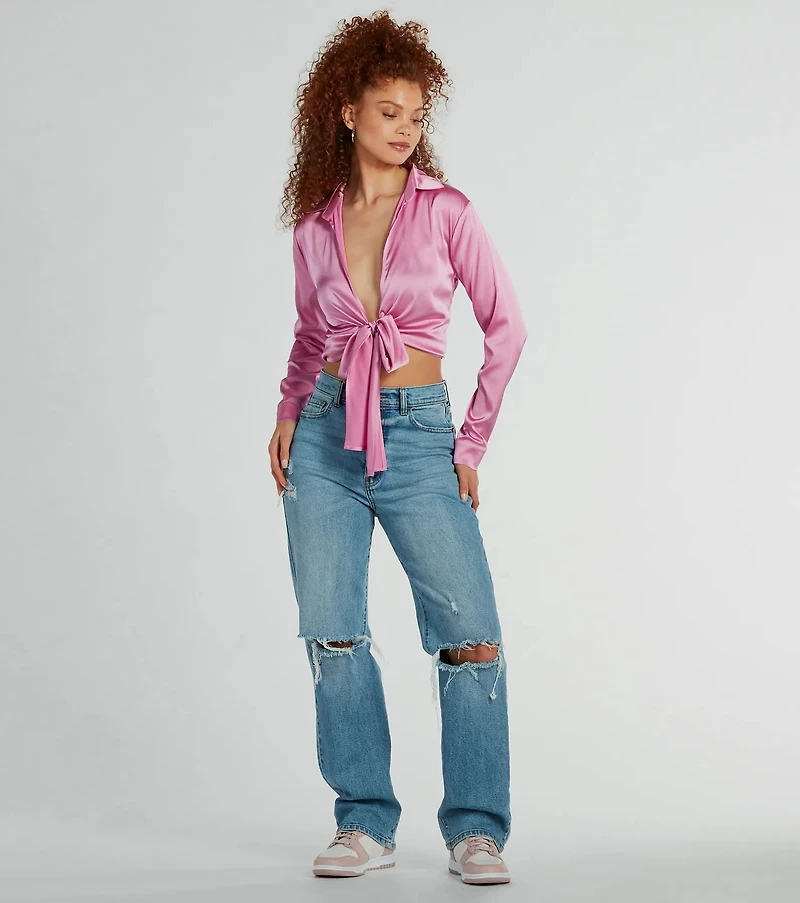 So Sleek Satin Tie-Front Blouse