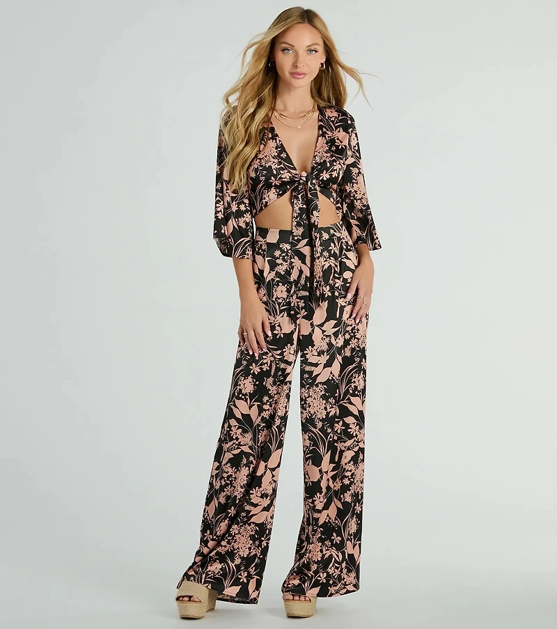 Flawless Floral Kimono Tie-Front Satin Crop Top