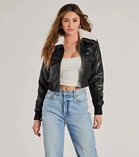 Chic Sherpa Collared Faux Leather Bomber Jacket