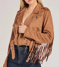 Western Chic Flair Faux Suede Fringe Moto Jacket
