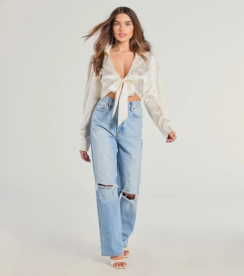 Luxe Demure Tie-Front Satin Crop Top