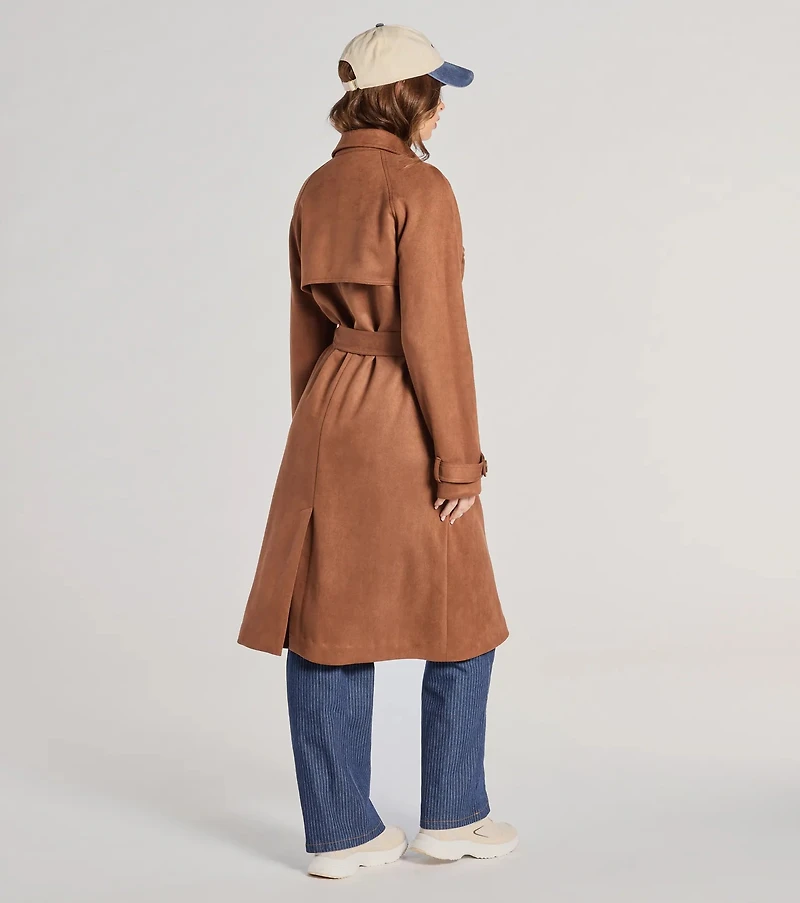 City Style Belted Faux Suede Trench Coat